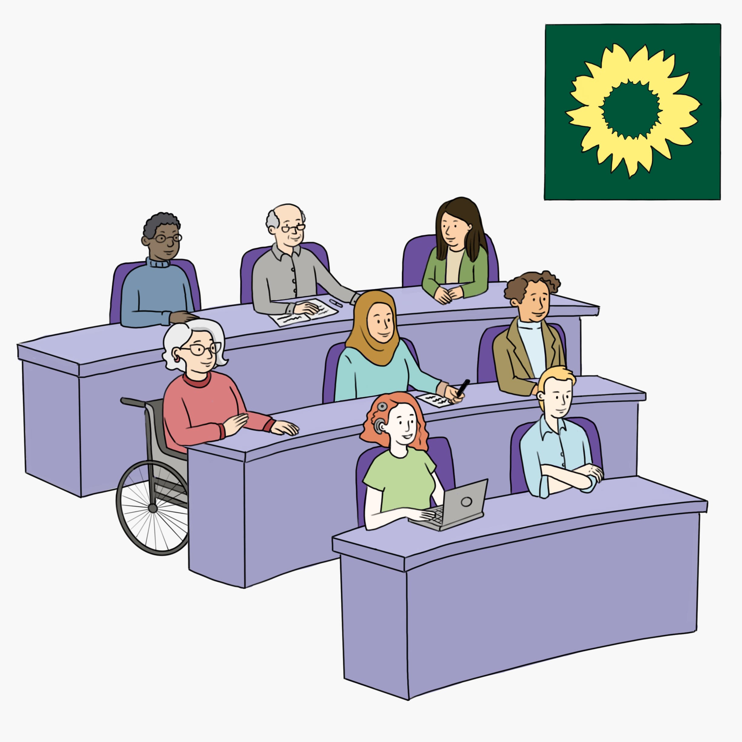 Einfache Zeichnung einer Bundestagsfraktion mit verschiedenen Menschen und dem Logo der Grünen in der oberen rechten Ecke