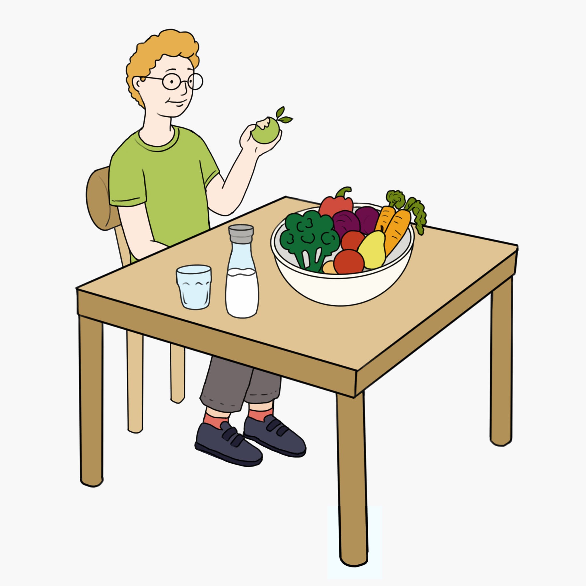 Einfache Zeichnung mit jungem man am Tisch, der einen Apfel isst. Eine Schale mit Gemüse vor ihm.