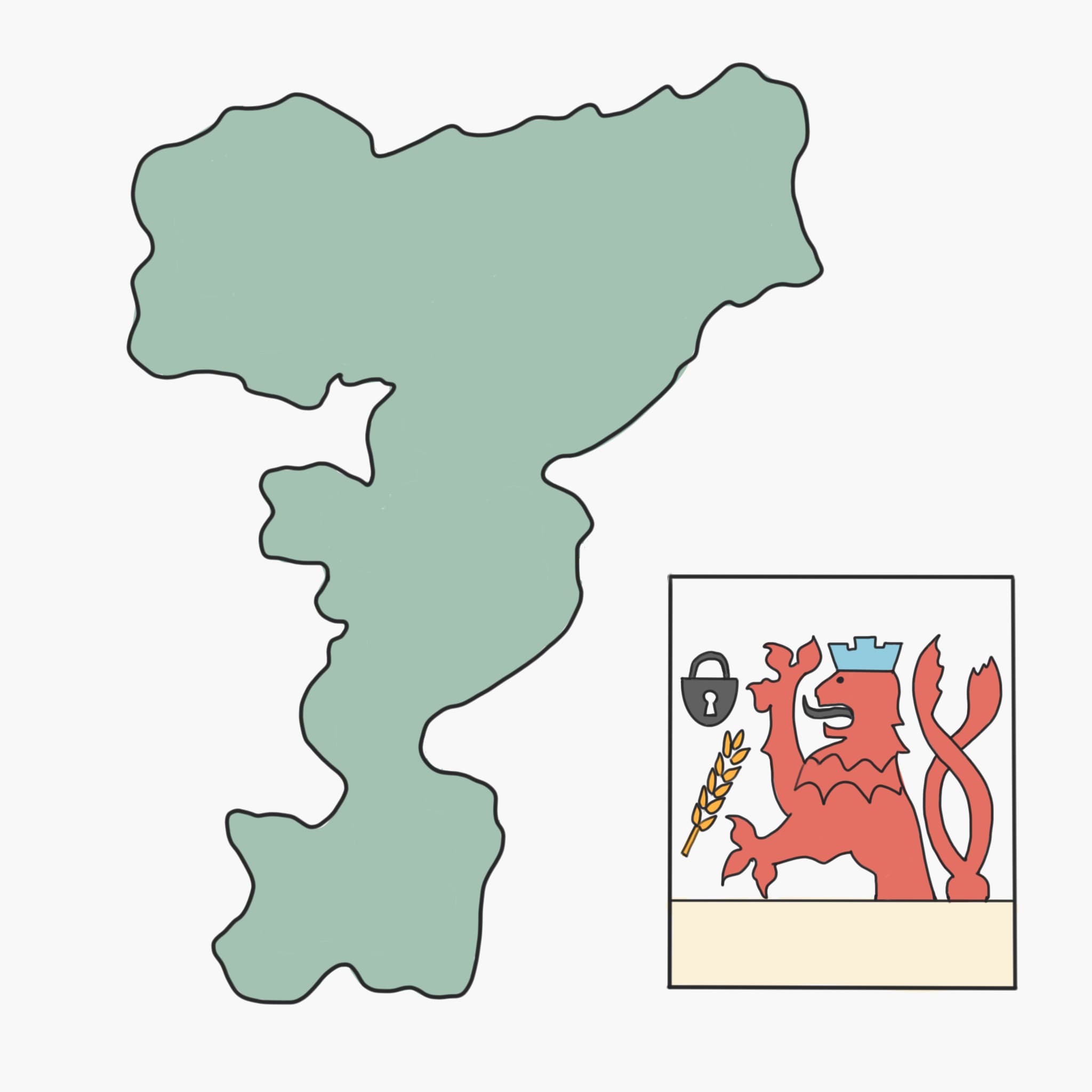 Einfache Zeichnung einer Karte vom Kreis Mettmann und dem Wappen der region mit Löwe, Schloß und Getreideähre